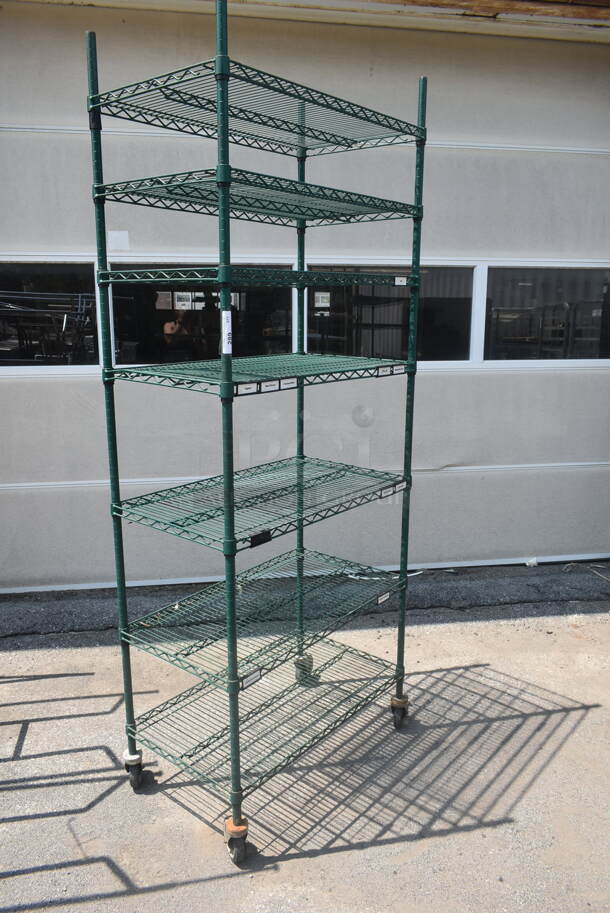 Green Finish 7 Tier Wire Shelving Unit on Commercial Casters. BUYER MUST DISMANTLE. PCI CANNOT DISMANTLE FOR SHIPPING. PLEASE CONSIDER FREIGHT CHARGES. - Image 2 of 4