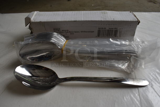 12 BRAND NEW IN BOX! Winco 0019-03 Stainless Steel Flute Dinner Spoons. 7.5