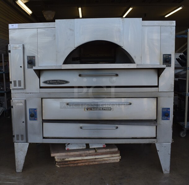 Baker's Pride Model FC-616 and Y-600 Stainless Steel Commercial Natural Gas Powered Pizza Oven w/ Il Forno Top Deck and Single Lower Deck on Metal Legs. Comes w/ Cooking Stones. 140,000 BTU. 78.5x52x75