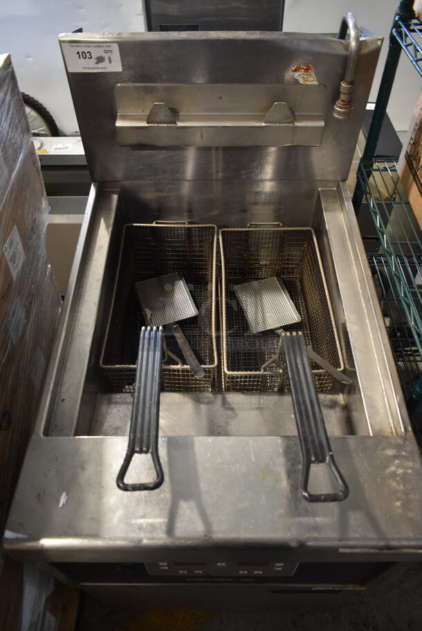 Henny Penny OFG-341 Stainless Steel Commercial Floor Style Natural Gas Powered Deep Fat Fryer w/ 2 Metal Fry Baskets. 80,000 BTU.  - Image 2 of 7