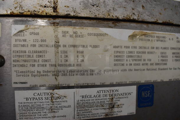2 Garland Model GPD60 Stainless Steel Commercial Natural Gas Powered Single Deck Pizza Ovens w/ Cooking Stones on Metal Legs. 122,000. 81x49x64. 2 Times Your Bid! - Image 6 of 12