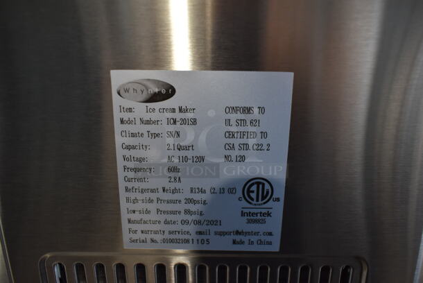 BRAND NEW SCRATCH AND DENT! Whynter ICM-201SB 2.1 Quart Countertop Automatic Ice Cream Maker. 110-120 Volts, 1 Phase. Tested and Working! - Image 7 of 7