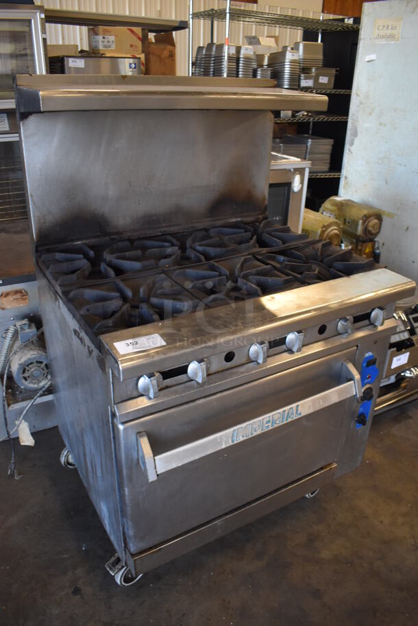 Imperial Stainless Steel Commercial Natural Gas Powered 6 Burner Range w/ Convection Oven, Over Shelf and Back Splash on Commercial Casters. 36x33x57 - Image 3 of 7