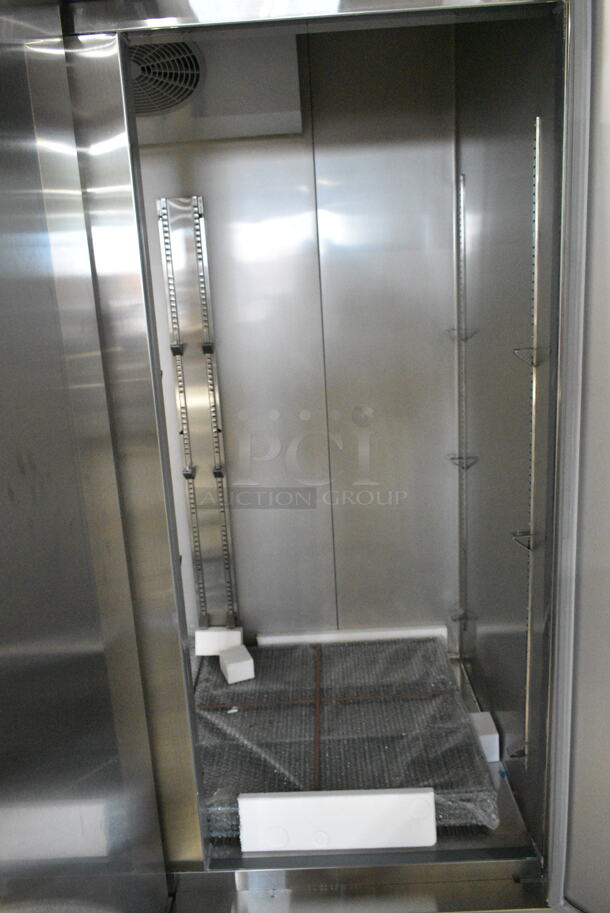BRAND NEW SCRATCH AND DENT! KoolMore RIR-3D-SS Stainless Steel Commercial 3 Door Reach In Cooler w/ Poly Coated Racks on Commercial Casters. 115 Volts, 1 Phase. Tested and Working! - Image 5 of 11