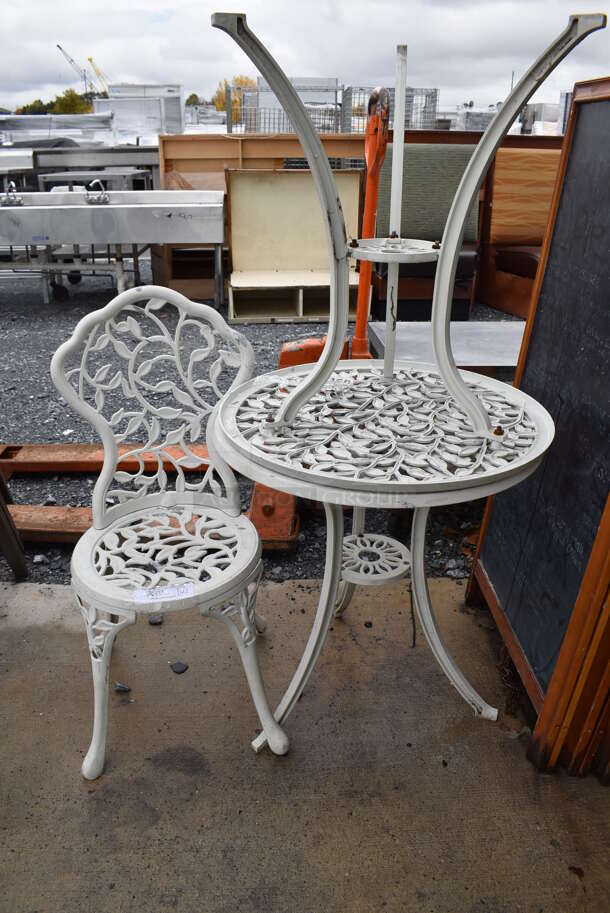 3 White Metal Outdoor Patio Furniture Pieces; 1 Chair and 2 Tables. 16x16x34, 24x24x26. 3 Times Your Bid! - Image 2 of 6