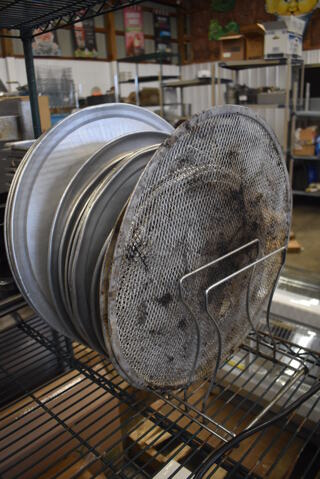 ALL ONE MONEY! Lot of Metal Pizza Pan Rack w/ 2 Metal Pizza Screens and 20 Metal Round Pizza Baking Pans. Rack: 14x9x9.5