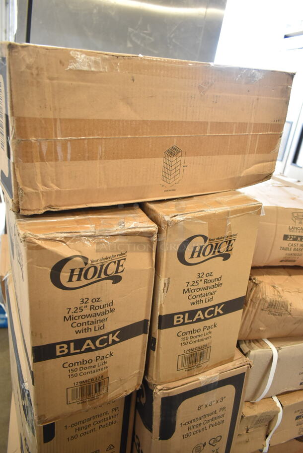 PALLET LOT of 23 BRAND NEW Boxes Including 2 Box 129MCR32B Choice 32 oz. Black Round Microwavable Heavy Weight Container with Lid 7 1/4" - 150/Case, 2 Box PP8835-BK Containers, Ivory PP883s Containers, PP883-BK Containers, 127P2B Choice Black 2 oz Portion Cups, 130HFBK1M Visions Black Heavy Weight Plastic Fork - Case of 1000, 4 Box Lancaster Table and Seating 164TB2222 22" x 22" Cross Cast Iron Table Base Plate. 23 Times Your Bid! - Image 3 of 9