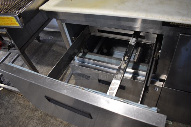 Delfield Stainless Steel Commercial Sandwich Salad Prep Table w/ 4 Drawers and Over Shelf. 48x33x55. Tested and Powers On But Does Not Get Cold - Image 5 of 6