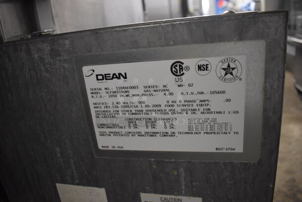 2011 Dean SCFSM350GNS Stainless Steel Commercial Floor Style Natural Gas Powered 3 Bay Deep Fat Fryer w/ 6 Metal Fry Baskets and Filtration System on Commercial Casters. 105,600 BTU. 47x30x51 - Image 8 of 11