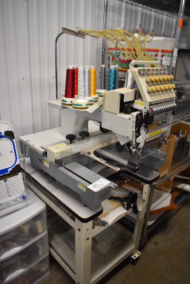 Expert Metal Commercial Floor Style Embroidery Machine on Commercial Casters w/ 2 Tiers Worth of Extra Parts, White 3 Drawer Cabinet of Thread and Pattern Board. Includes 25x34x64 - Image 4 of 12