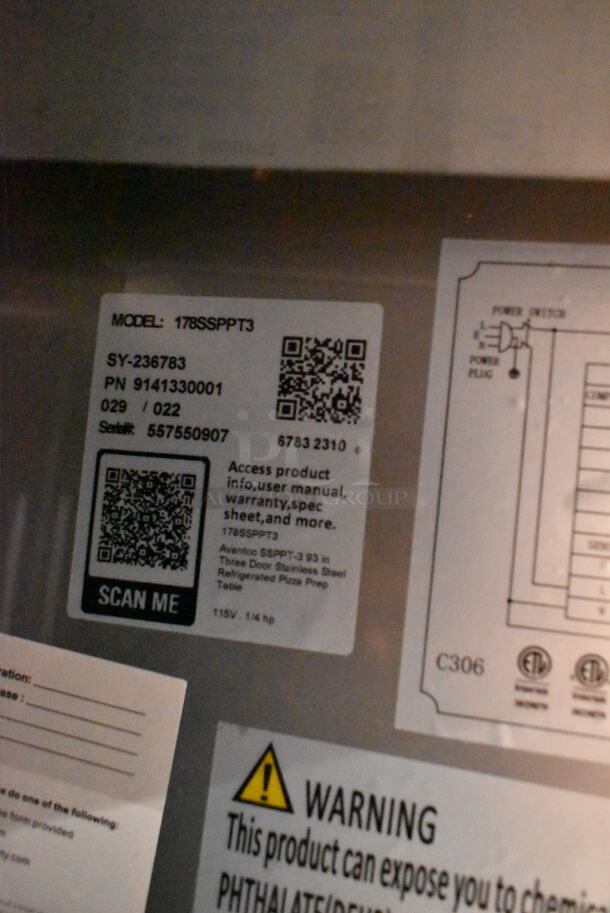 BRAND NEW SCRATCH AND DENT! 2023 Avantco 178SSPPT3 Stainless Steel Commercial Pizza Prep Table on Commercial Casters. 115 Volts, 1 Phase. Tested and Working! - Image 11 of 11