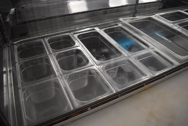 Leader Stainless Steel Commercial Prep Table w/ Glass Sneeze Guard, Various Drop In Bins on Commercial Casters. 115 Volts, 1 Phase. 72x33x55. Tested and Does Not Power On - Image 4 of 9