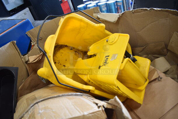 PALLET LOT of Various Items Including 2 Yellow Mop Bucket Wringing Attachment, Yellow Mop Bucket, Brown Paper Bags, Black Poly Bins - Image 4 of 9