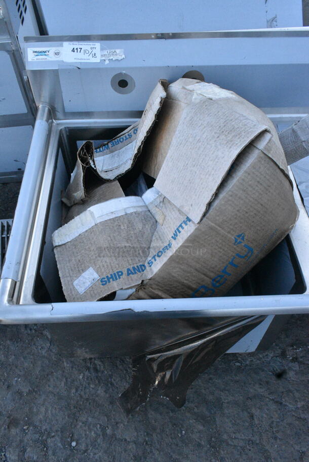 BRAND NEW SCRATCH AND DENT! Regency 600S1242424R 50 1/2" 16 Gauge Stainless Steel One Compartment Commercial Sink with Galvanized Steel Legs and 1 Drainboard - 24" x 24" x 14" Bowl. No Legs. - Image 4 of 8