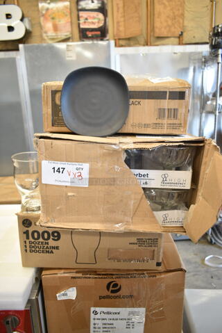 3 BRAND NEW SCRATCH AND DENT! Items Including GET P-500-BK Nara 6" Black Matte Square Melamine Plate, 55243121 Arcoroc 43121 Swirl Optic 12 oz. Dessert Dish by Arc Cardinal - 24/Case, 5511009 Libbey 1009 16.75 oz. Customizable Stackable Craft Beer Glass - 12/Case. 3 Times Your Bid! 