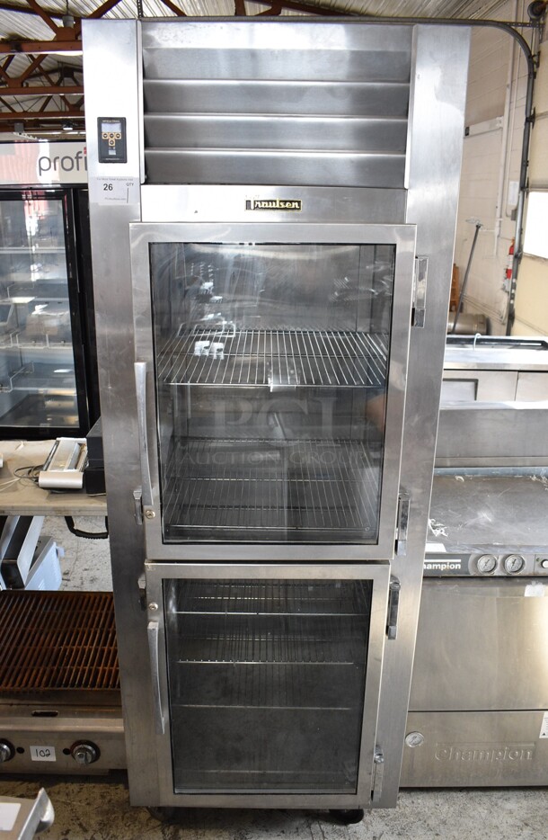 Traulsen Model RH132W-ZCF01 Stainless Steel Commercial 2 Half Size Reach In Cooler Merchandiser w/ Metal Racks on Commercial Casters. 115 Volts, 1 Phase. 30x36x83.5. Tested and Working!