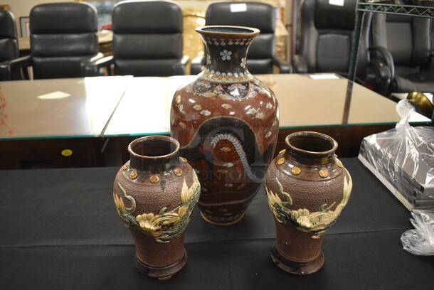 3 Various Brown Vases. 4.5x4.5x8, 7x7x12.5. 3 Times Your Bid!