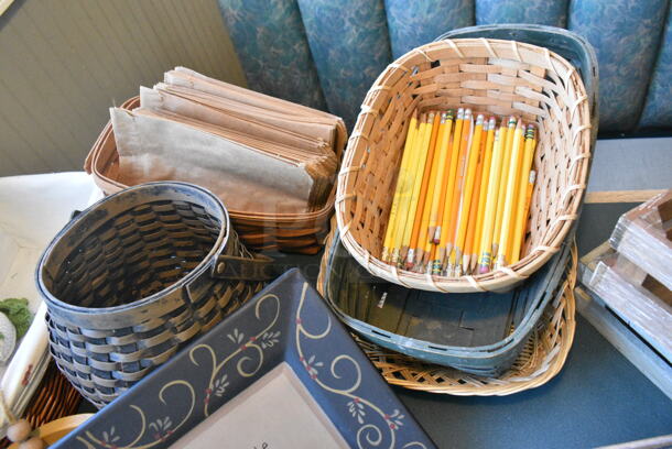 Wall Mount Table w/ Contents Including Baskets and Decor. BUYER MUST REMOVE: Bring Tools and Manpower Needed To Remove This Item. (booth room)  - Image 2 of 9
