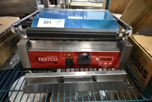 BRAND NEW SCRATCH AND DENT! 2023 Avantco 177PG200GST Stainless Steel Commercial Panini Sandwich Grill with Timer, Grooved Top and Smooth Bottom Plates, and 13 3/8" x 8 3/4" Cooking Surface. 120 Volts, 1 Phase. Tested and Working! - Image 2 of 5