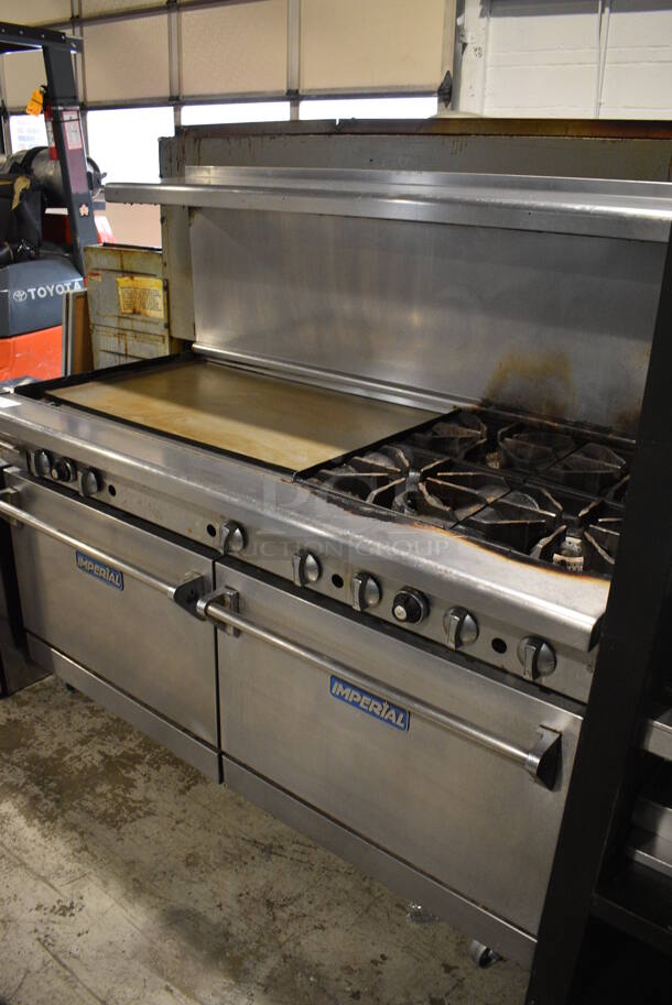 Imperial Stainless Steel Commercial Natural Gas Powered 4 Burner Range w/ Flat Top Griddle, 2 Ovens, Over Shelf and Back Splash on Commercial Casters. 60x32x55 - Image 2 of 9