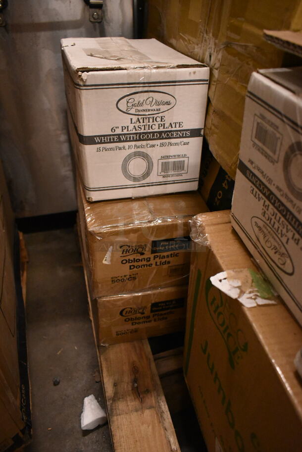 PALLET LOT OF 32 BRAND NEW Boxes Including 2 Box Choice Oblong Plastic Dome Lid, 347RP6WHGLD Visions 6" White Plastic Plate with Gold Lattice Design - 150/Case, 2 Box Choice Deli Container, 500TO993C3 9" x 9" x 3" Microwaveable 3-Compartment Black / Clear Plastic Hinged Container, 271VC5252SBK Intedge 52" x 52" Black Solid Vinyl Table Cover with Flannel Back, 178NLE10CN Compressor, 17828026SC Starting Capaci, 17828015PS Protector, 17828002C Compressor Cover, 3 Box 433NHTBIO EcoChoice 1/6 Standard Size Biodegradable Standard-Duty Plastic T-Shirt Bag - 500/Case, 357FBT2068A0 BASE & TOP PLATE - KT22 BLK 2/PK, 2 Box 485WPJ7BK EcoChoice 7 3/4" Jumbo Black Wrapped Paper Straw - 3200/Case. 32 Times Your Bid! - Image 2 of 12