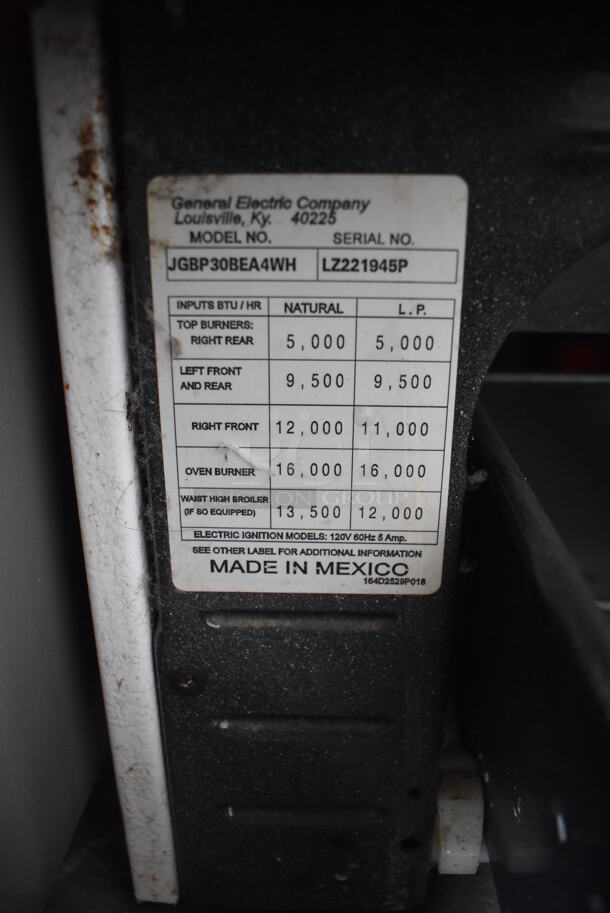 General Electric JGBP30BEA4WH Metal Natural Gas Powered 4 Burner Range w/ Oven. 30x27x47 - Image 8 of 8