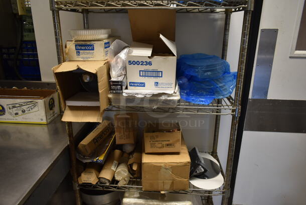 Metro Chrome Finish 5 Tier Wire Shelving Unit w/ Contents Including Paper Products. BUYER MUST REMOVE: BUYER MUST DISMANTLE. PCI CANNOT DISMANTLE FOR SHIPPING. PLEASE CONSIDER FREIGHT CHARGES. (kitchen #2) - Image 3 of 4