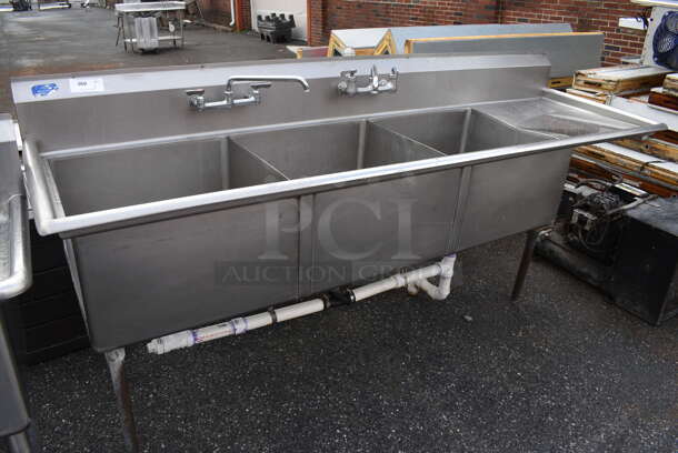 Stainless Steel Commercial 3 Bay Sink w/ Right Side Drainboard, 2 Handle Sets and 2 Faucets. 98x30x46. Bays 24x24x13. Drainboard 22x26x1 - Image 6 of 6