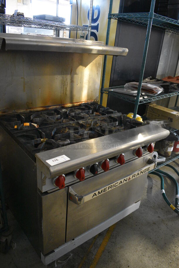 LATE MODEL! American Range Stainless Steel Commercial Natural Gas Powered 6 Burner Range w/ Oven, Over Shelf and Back Splash. 36x32.5x56 - Image 2 of 6