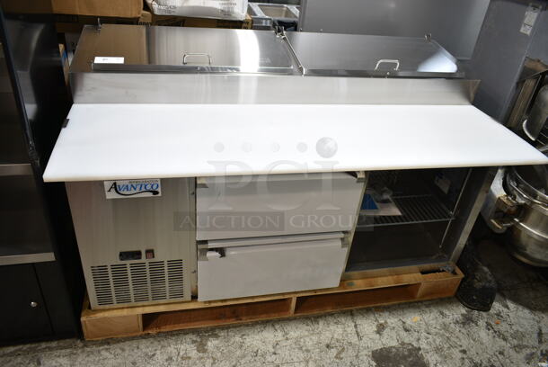 BRAND NEW SCRATCH AND DENT! 2024 Avantco 178SSPPT2 Stainless Steel Commercial Prep Table w/ Over Sized Cutting Board and 2 Drawers. Missing Door. 115 Volts, 1 Phase. Tested and Powers On But Does Not Get Cold  - Image 1 of 8