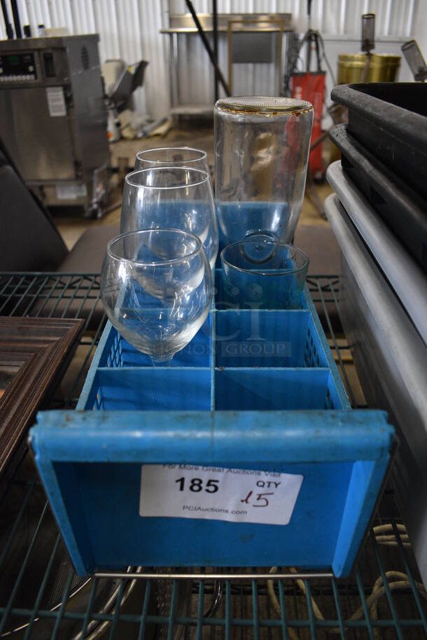 ALL ONE MONEY! Lot of 5 Various Glasses in Blue Silverware Caddy! 8x18x8 - Image 1 of 3