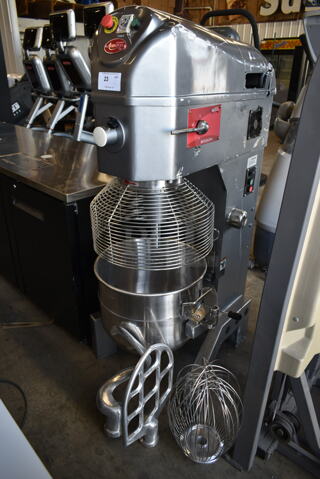 BRAND NEW SCRATCH AND DENT! Avantco MX60H Metal Commercial Floor Style 60 Quart Planetary Dough Mixer w/ Stainless Steel Mixing Bowl, Bowl Guard, Dough Hook, Paddle and Whisk Attachment. 240 Volts, 3 Phase. 