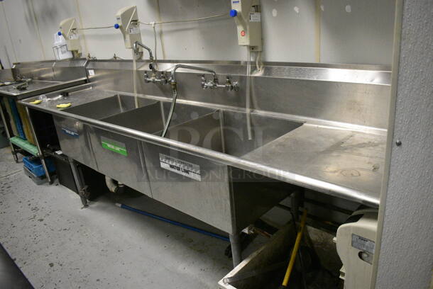 Stainless Steel Commercial 3 Bay Sink w/ Dual Drain Boards, 2 Faucets and 2 Handle Sets. 120x30x44. Bays 24x24x14. Drain Boards 23x26x2. BUYER MUST REMOVE. (kitchen) - Image 8 of 8