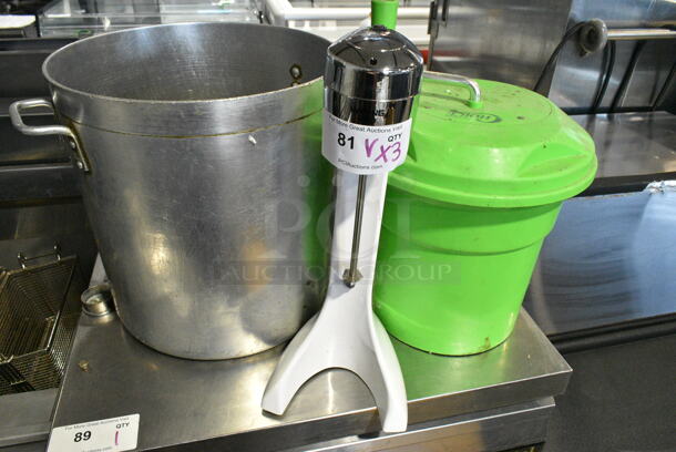 3 Various Items Including Single Head Drink Mixer, Choice Green Poly Lettuce Spinner and Metal Stock Pot. 3 Times Your Bid!  - Image 1 of 9