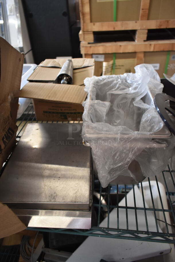 ALL ONE MONEY! Metro Lot of Various Items Including Fry Baskets, Stainless Steel Drop In Bin, Chafer Lid, Sink Strainers, Receipt Printer, Metal. Does Not Include Shelving Unit.  - Image 11 of 12