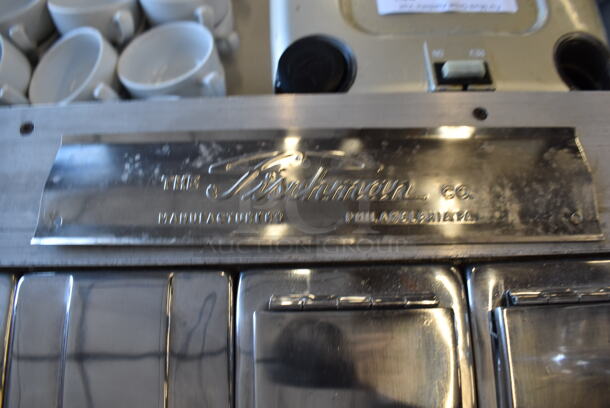 ANTIQUE! Fischman Stainless Steel Commercial Prep Station w/ 2 Hinge Doors, 5 Pumps in Bar Topping Rail, 2 Sink Basins. Does Not Have Compressor. 57x32x56. Bays 10x14x10 - Image 6 of 9