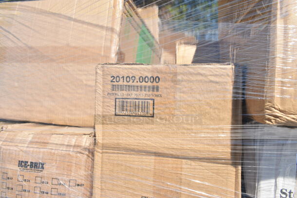 PALLET LOT of 44 BRAND NEW Boxes Including 2 Box 5002DNAPBLK Choice 15" x 17" Black Customizable 2-Ply Paper Dinner Napkin - 1000/Case, 795PTOWHT4 Choice White Microwavable Folded Paper #4 Take-Out Container 7 3/4" x 5 1/2" x 3 1/2" - 160/Case, 347SLWG16 Visions 16 oz. Heavy Weight Clear Plastic Stemless Wine Glass - 64/Case, 2 Box 5002CPTE Lavex 2-Ply White Center Pull Paper Towel 510' Roll - 6/Case, 433NHT004 Choice 1/5 Large Size White Heavy-Duty Unprinted Plastic T-Shirt Bag - 500/Case, 2 Box 395SP06PF EcoChoice No PFAS Added 6" x 6" Natural Bagasse Blend Square Plate - 400/Case, Bakers Lane Pie Pan, 2 Box 500PMGREEKGD Choice 10" x 14" Greek Key Gold Placemat - 1000/Case, 612W45 Choice 10 3/4" x 14" Insulated Foil Sandwich Wrap Sheets - 2000/Case, 128HDLDBULK ChoiceHD Microwavable Translucent Plastic Deli Container Lid - 480/Case, 795KFT44RNPLA EcoChoice 44 oz. Round Kraft Bio-Lined Compostable Take-Out Container 2 5/8" x 7 5/16" - 300/Case. 44 Times Your Bid!  - Image 3 of 12