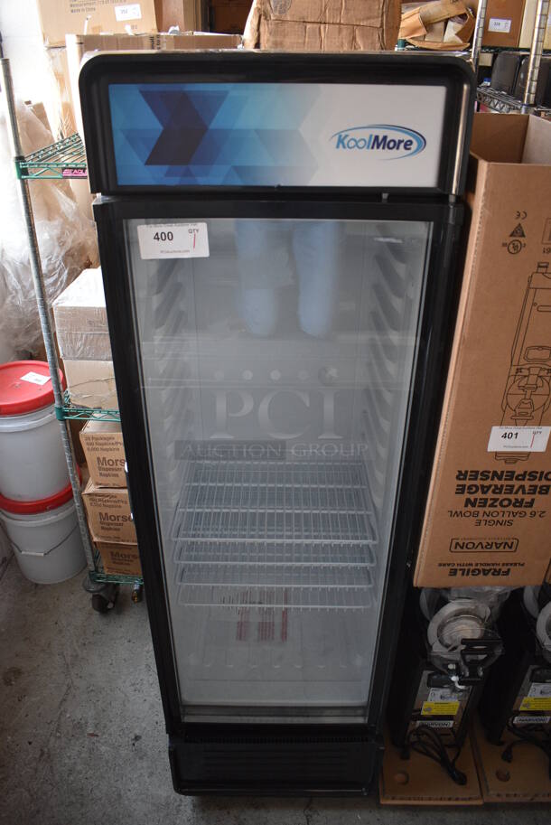 BRAND NEW SCRATCH AND DENT! KoolMore Model MDR-9CP Metal Commercial Single Door Reach In Cooler Merchandiser. 115 Volts, 1 Phase. 21x21x69. Tested and Working!