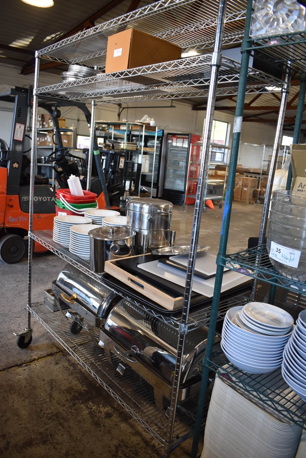 ALL ONE MONEY! Lot of 3 Tiers Worth of Various Items Including BRAND NEW Boral Coffee Cup Sets, Metal Chafing Dishes, Ceramic Pasta Plates, Poly Bins. Does Not Include Shelving Unit. - Image 2 of 8