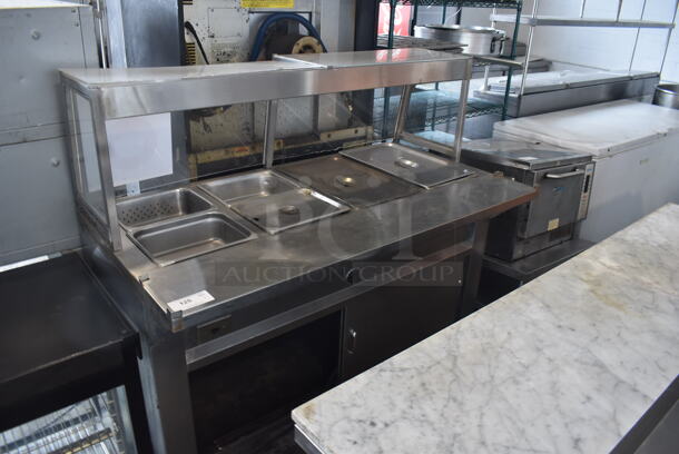 Commercial Stainless Steel Electric Powered Steam Table With Overshelf And 6 Drop-In Steel Bins In Various Sizes And Refrigerated Base. 208V/1 Phase
