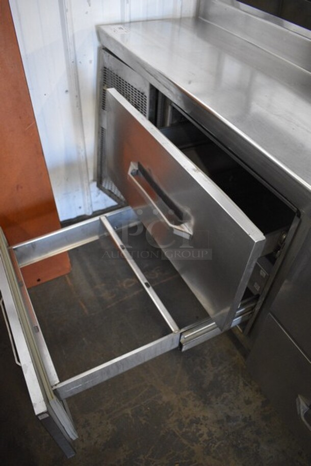 Randell Stainless Steel Commercial Sandwich Salad Prep Table Bain Marie Mega Top w/ 1 Door, 4 Drawers, Overshelf and Ticket Holder on Commercial Casters. 89x35x56.5. Tested and Does Not Power On - Image 6 of 7