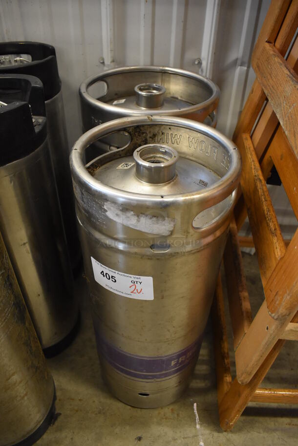 2 Metal Kegs; Sixth Size and Slim Quarter. 9.5x9.5x23, 11x11x23. 2 Times Your Bid! - Image 1 of 4