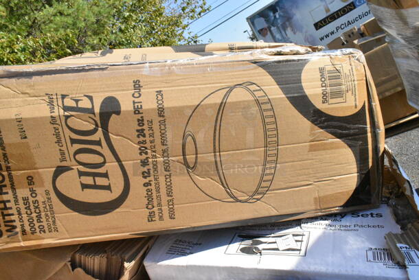 26 BRAND NEW Boxes Including 127CH4F Choice 24 oz. Clear RPET Tall Hinged Deli Container - 200/Case, 2 Box 127CH24F Choice 24 oz. Clear RPET Tall Hinged Deli Container - 200/Case, 500LDOME Choice 9 oz., 12 oz., 16 oz., 20 oz., 24 oz. Clear Dome Lid with 1" Hole - 1000/Case, 245CB12WHITE Choice 12" x 12" x 2" White Customizable Corrugated Plain Pizza Box - 50/Bundle, 245CB12PLN Choice 12" x 12" x 2" Kraft Customizable Corrugated Plain Pizza Box - 50/Case, 346BKFSNSPM Choice Medium Weight Black Wrapped Plastic Cutlery Set with Napkin and Salt and Pepper Packets - 250/Case, 500LFLAT Choice Clear Flat Lid with Straw Slot - 9, 12, 16, 20, and 24 oz. - 1000/Case, 760IC12W Choice 12 oz. White Paper Frozen Yogurt / Food Cup - 1000/Case. 26 Times Your Bid!  - Image 5 of 12