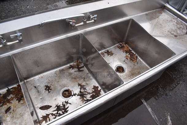 Stainless Steel Commercial 3 Bay Sink w/ 2 Faucets, 2 Handle Sets and Right Side Drain Board. No Legs. 99x30x25. Bays 24x24x13. Drain Board 22x26x1 - Image 3 of 4