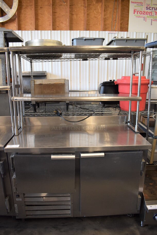 2010 Leader LB48 S/C Stainless Steel Commercial 2 Door Work Top Cooler w/ Double Over Shelf on Commercial Casters. 115 Volts, 1 Phase. 48x26x68.5. Tested and Working!