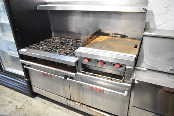 Vulcan VG260 Stainless Steel Commercial Natural Gas Powered 6 Burner Range w/ Right Side Flat Top Griddle, 2 Ovens, Over Shelf and Back Splash on Commercial Casters.  