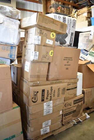 PALLET LOT of 31 BRAND NEW Boxes Including 2 Box PP883-BK Ecopax Hinge Containers, 2 Box 50010W Choice 10 oz. White Poly Paper Hot Cup - 1000/Case, 129MCR50B Choice 43 oz. Black Round Microwavable Heavy Weight Container with Lid 9" - 150/Case, 500CC20HD 20 oz. Plastic Cold Cup - 600/Case, 2 Box 129MCS28B Choice 28 oz. Black Rectangular Microwavable Heavy Weight Container with Lid 8 3/4" x 6 1/4" x 1 3/4" - 150/Case, 128HD8COMBO ChoiceHD 8 oz. Microwavable Translucent Plastic Deli Container and Lid Combo Pack - 240/Case, 164CUSHMCMVN Lancaster Table & Seating Vintage Wood Seat for Mid-Century Chairs and Barstools, 2 Box Tablecraft 8032A PourMaster Complete 1 Qt. White Pour Bottle Kit with Assorted Color Spouts and Caps - 12/Pack, Choice 24" White Disposable Polypropylene Bouffant Cap - 100/Pack, 50020W Choice 20 oz. White Poly Paper Hot Cup - 600/Case, 600SOS1236 Regency Stainless Steel Single Deck Overshelf - 12" x 36" x 19 1/4", 5 Box 4331824PEA Choice 18" x 24" Pink / Peach Butcher Paper Sheets - 1000/Case, 12" Corrugated White Circles, 3698239413 Frymaster 8239413 20 3/8" x 28" Stainless Steel Fryer Cover for MJ1CF and MJCF Series, 795PTOBK8 Choice Black Microwavable Folded Paper #8 Take-Out Container 6" x 4 3/4" x 2 1/2" - 300/Case, 303BWREB16 Acopa 16 oz. Bright White Wide Rim Rolled Edge Rim Stoneware Soup and Pasta Bowl - 12/Case, 795PTOKFT3 Choice Kraft Microwavable Folded Paper #3 Take-Out Container 7 3/4" x 5 1/2" x 2 1/2" - 200/Case, 502404816CL Lavex 40-45 Gallon 16 Micron 40" x 48" High Density Janitorial Can Liner / Trash Bag - 250/Case. 31 Times Your Bid! 