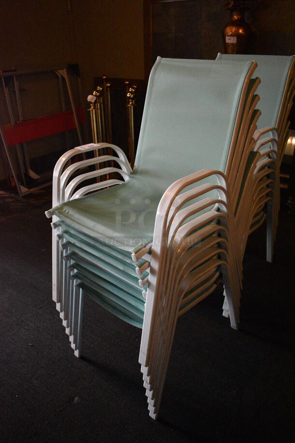 8 Metal White Outdoor Chairs w/ Teal Seat and Arm Rests. BUYER MUST REMOVE. 22x27x37. 8 Times Your Bid! (Susquehanna Ale House) - Image 2 of 4