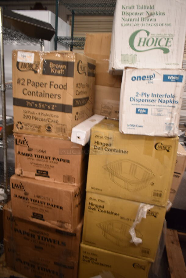 PALLET LOT of 26 BRAND NEW Boxes Including 966TALLFLDN Choice Kraft Natural Tall-Fold 6" x 13" Dispenser Napkin - 8000/Case, 966UDEB oneUp Napkins, 3 Boxes 127CH24 Choice 24 oz. Clear RPET Hinged Deli Container - 200/Case, 795PTOKFT2 Choice 7 3/4" x 5 1/2" x 2" Kraft Microwavable Folded Paper #2 Take-Out Container - 200/Case, 4 Box Lavex Jumbo Toilet Paper, Acopa Pepper Mill, 500TW16 Choice 16 oz. Translucent Tall Thin Wall Plastic Cold Cup - 1000/Case, 2 Box 1504381M Carnival King 6" x 3/4" x 6 1/2" Large Foil Hamburger / Sandwich Bag - 1000/Case. 26 Times Your Bid! - Image 1 of 11