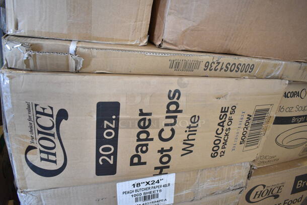 PALLET LOT of 31 BRAND NEW Boxes Including 2 Box PP883-BK Ecopax Hinge Containers, 2 Box 50010W Choice 10 oz. White Poly Paper Hot Cup - 1000/Case, 129MCR50B Choice 43 oz. Black Round Microwavable Heavy Weight Container with Lid 9" - 150/Case, 500CC20HD 20 oz. Plastic Cold Cup - 600/Case, 2 Box 129MCS28B Choice 28 oz. Black Rectangular Microwavable Heavy Weight Container with Lid 8 3/4" x 6 1/4" x 1 3/4" - 150/Case, 128HD8COMBO ChoiceHD 8 oz. Microwavable Translucent Plastic Deli Container and Lid Combo Pack - 240/Case, 164CUSHMCMVN Lancaster Table & Seating Vintage Wood Seat for Mid-Century Chairs and Barstools, 2 Box Tablecraft 8032A PourMaster Complete 1 Qt. White Pour Bottle Kit with Assorted Color Spouts and Caps - 12/Pack, Choice 24" White Disposable Polypropylene Bouffant Cap - 100/Pack, 50020W Choice 20 oz. White Poly Paper Hot Cup - 600/Case, 600SOS1236 Regency Stainless Steel Single Deck Overshelf - 12" x 36" x 19 1/4", 5 Box 4331824PEA Choice 18" x 24" Pink / Peach Butcher Paper Sheets - 1000/Case, 12" Corrugated White Circles, 3698239413 Frymaster 8239413 20 3/8" x 28" Stainless Steel Fryer Cover for MJ1CF and MJCF Series, 795PTOBK8 Choice Black Microwavable Folded Paper #8 Take-Out Container 6" x 4 3/4" x 2 1/2" - 300/Case, 303BWREB16 Acopa 16 oz. Bright White Wide Rim Rolled Edge Rim Stoneware Soup and Pasta Bowl - 12/Case, 795PTOKFT3 Choice Kraft Microwavable Folded Paper #3 Take-Out Container 7 3/4" x 5 1/2" x 2 1/2" - 200/Case, 502404816CL Lavex 40-45 Gallon 16 Micron 40" x 48" High Density Janitorial Can Liner / Trash Bag - 250/Case. 31 Times Your Bid!  - Image 10 of 12